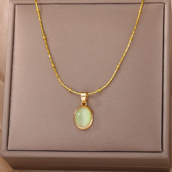 Planet Gates N06429G / 45cm / CHINA Fashion Stone Opal Oval Necklace For Women Stainless Steel Gold Color Oval Stone Pendant Necklace Wedding Aesthetic Jewelry Gift