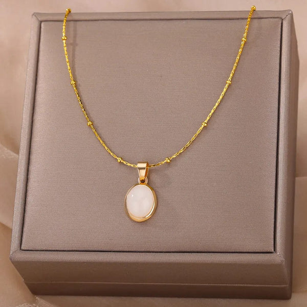Planet Gates N06429G / 45cm / CHINA Fashion Stone Opal Oval Necklace For Women Stainless Steel Gold Color Oval Stone Pendant Necklace Wedding Aesthetic Jewelry Gift