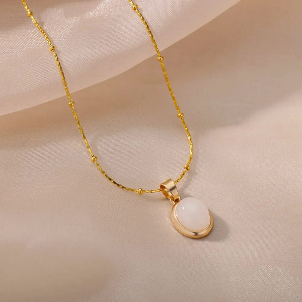 Planet Gates N06429G / 45cm / CHINA Fashion Stone Opal Oval Necklace For Women Stainless Steel Gold Color Oval Stone Pendant Necklace Wedding Aesthetic Jewelry Gift