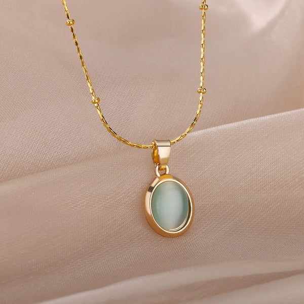 Planet Gates N06429G / 45cm / CHINA Fashion Stone Opal Oval Necklace For Women Stainless Steel Gold Color Oval Stone Pendant Necklace Wedding Aesthetic Jewelry Gift