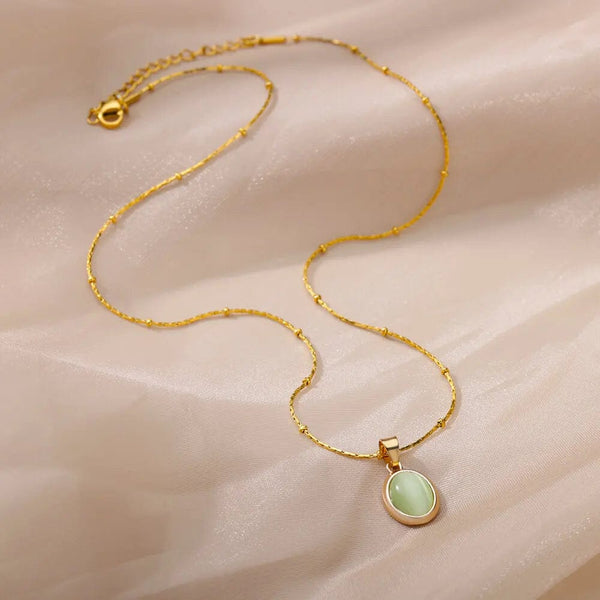 Planet Gates N06429G / 45cm / CHINA Fashion Stone Opal Oval Necklace For Women Stainless Steel Gold Color Oval Stone Pendant Necklace Wedding Aesthetic Jewelry Gift