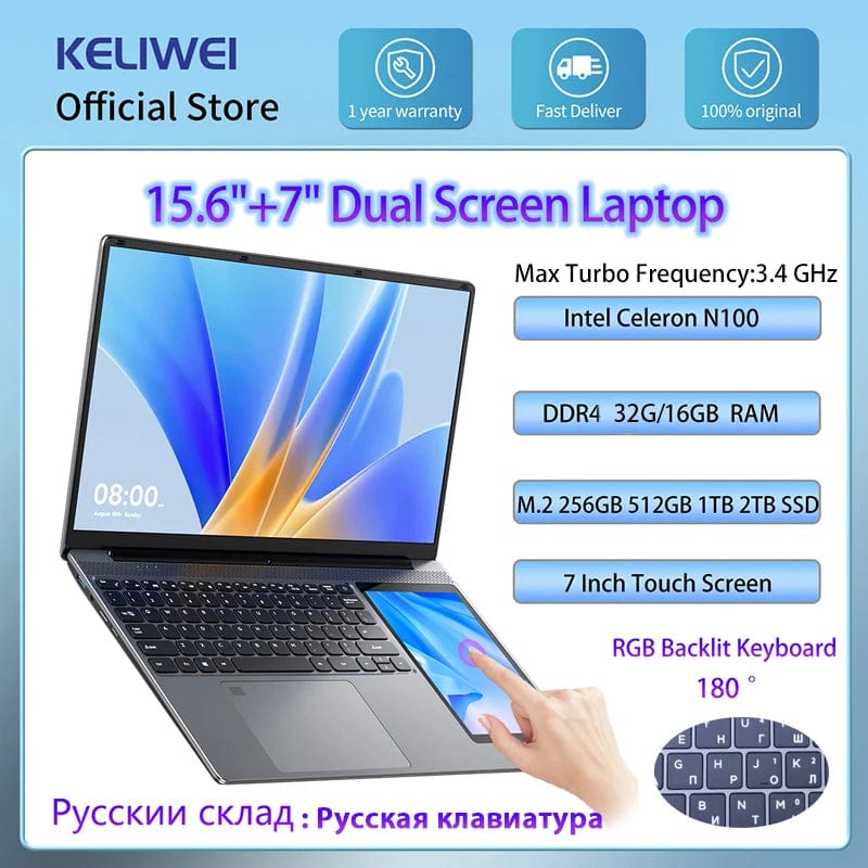 Planet Gates N100-32G 1TB / CHINA 15.6"+7" Dual Screen Laptop Intel Celeron N100 32GB 16GB DDR4 RGB Backlit Keyboard Computer Notebook Laptops Touch Screen