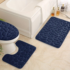 Planet Gates navy blue 3pcs/set, Memory Foam Bathroom Rugs Set, Cobblestone Embossed Ultra Soft Non-Slip Bath Rug & Absorbent Bath Mat Carpets, Includes U-Shaped Contour Rug, Perfect For Bathroom/Shower, Bathroom Supplies