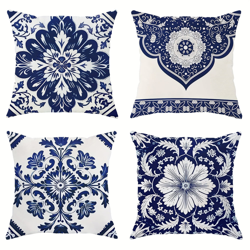 Planet Gates Navy Blue White 4pcs, Floral Botanical Navy Blue And White Polyester Throw Pillow Covers, Vintage Chinoiserie Classic Bohemian Pillow Covers, Decorative Cushion Covers 45×45Cm/18 "X18", Suitable For Living Room Bedroom Sofa Bed Decoration
