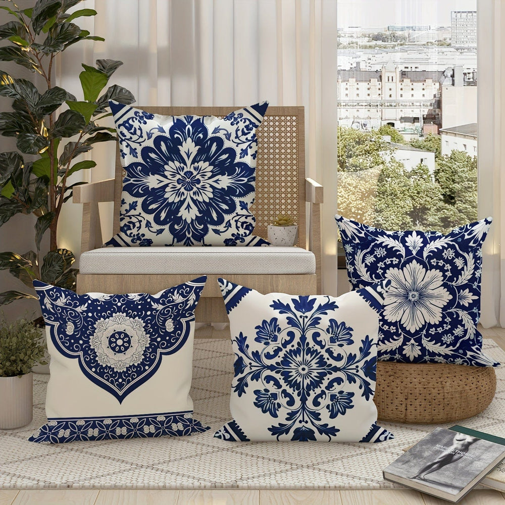 Planet Gates Navy Blue White 4pcs, Floral Botanical Navy Blue And White Polyester Throw Pillow Covers, Vintage Chinoiserie Classic Bohemian Pillow Covers, Decorative Cushion Covers 45×45Cm/18 "X18", Suitable For Living Room Bedroom Sofa Bed Decoration