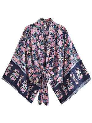 Planet Gates navy / S Boho Vintage Floral Print Beach Summer Short Kimono Women Fashion Ladies Casual V Neck Batwing Sleeves Bohemian Cover-ups