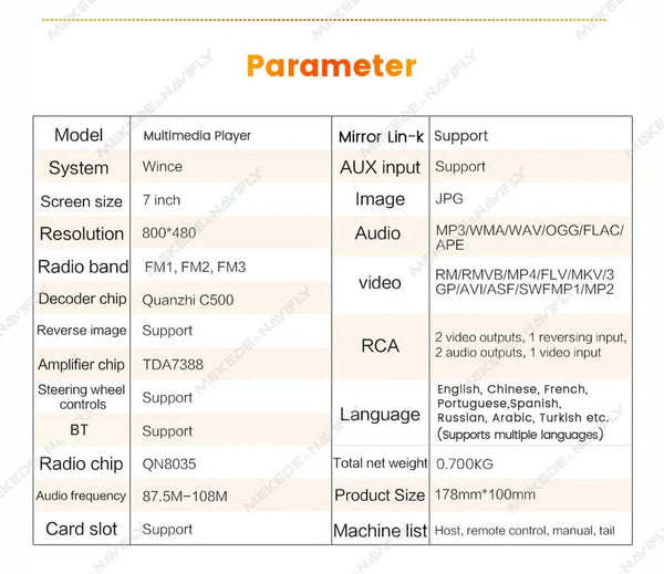 Planet Gates ND2-CAM Navifly ND2 Universal 1Din Car Radio Stereo 7inch HD Touch Screen Multimedia Player BT Autoaudio FM Receiver Mirror Link Monitor