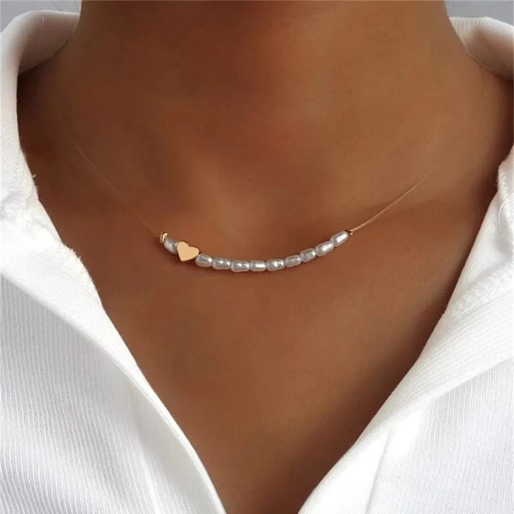Planet Gates NES-0507 Vintage Fashion Gold Color Simple Shaped Artificial Pearl Peach Heart Necklace For Women Female Girl Baroque Choker Jewelry Gift