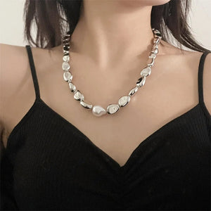 Planet Gates NES-0740-1 Vintage Silver-plate Geometric Exaggerated Artificial Pearl Chain Necklace For Women Female Fashion Boho Y2K Girl Jewelry Gift