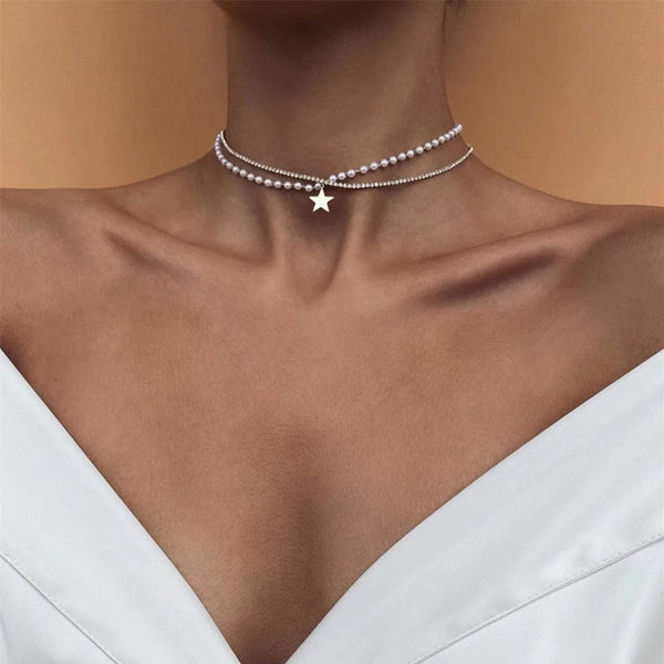 Planet Gates NES-0866-7 Vintage Silver-plate Geometric Exaggerated Artificial Pearl Chain Necklace For Women Female Fashion Boho Y2K Girl Jewelry Gift