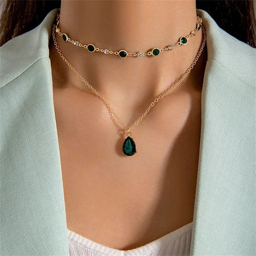 Planet Gates NES-0881-2 Fashion Boho Gold-plate Crystal Chain Green Water Drop Pendant Female Necklace For Women Vintage Baroque Choker Jewelry Gift