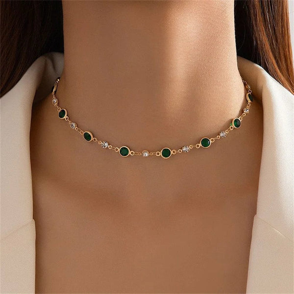 Planet Gates NES-0881-8 Fashion Boho Gold-plate Crystal Chain Green Water Drop Pendant Female Necklace For Women Vintage Baroque Choker Jewelry Gift