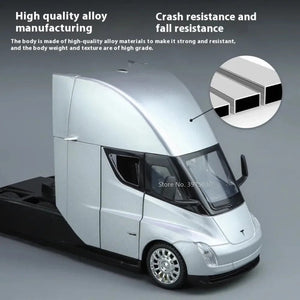 Planet Gates New 1/24 Tesla Semi Trailer Truck Alloy Diecast Car Model with Sound and Light Pull Back Truck Vehicle Model Boy Collection Gift