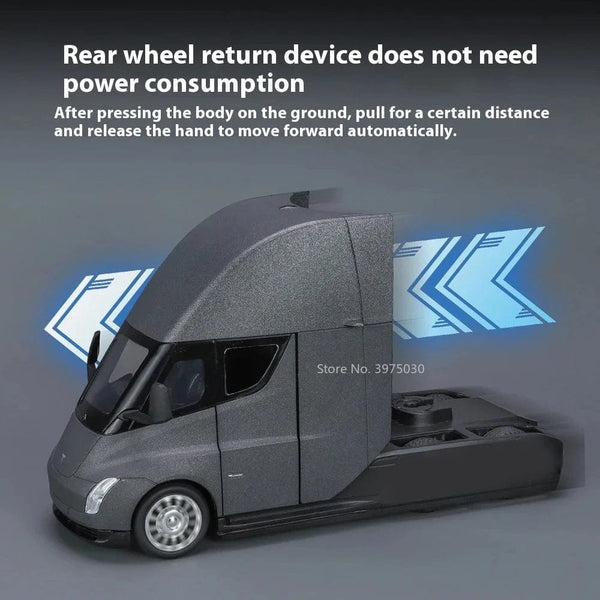 Planet Gates New 1/24 Tesla Semi Trailer Truck Alloy Diecast Car Model with Sound and Light Pull Back Truck Vehicle Model Boy Collection Gift