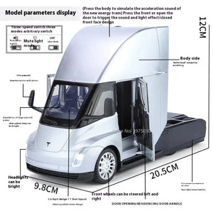 Planet Gates New 1/24 Tesla Semi Trailer Truck Alloy Diecast Car Model with Sound and Light Pull Back Truck Vehicle Model Boy Collection Gift