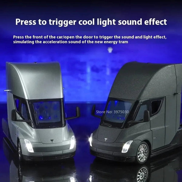 Planet Gates New 1/24 Tesla Semi Trailer Truck Alloy Diecast Car Model with Sound and Light Pull Back Truck Vehicle Model Boy Collection Gift