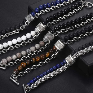 Planet Gates New 2020 Men's Tiger Eye Stone Beaded Bracelet Stainless Steel Gunmetal Link Chain Yoga Bracelet Male Jewelry Dropshipping
