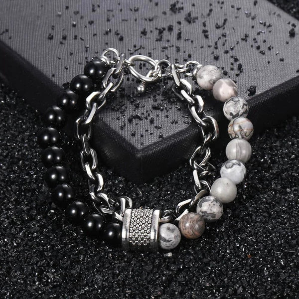 Planet Gates New 2020 Men's Tiger Eye Stone Beaded Bracelet Stainless Steel Gunmetal Link Chain Yoga Bracelet Male Jewelry Dropshipping