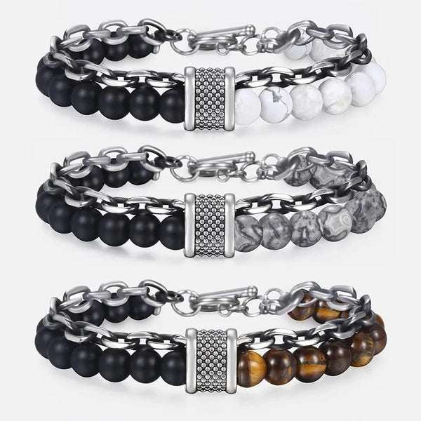 Planet Gates New 2020 Men's Tiger Eye Stone Beaded Bracelet Stainless Steel Gunmetal Link Chain Yoga Bracelet Male Jewelry Dropshipping