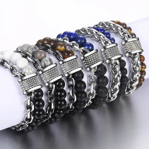 Planet Gates New 2020 Men's Tiger Eye Stone Beaded Bracelet Stainless Steel Gunmetal Link Chain Yoga Bracelet Male Jewelry Dropshipping