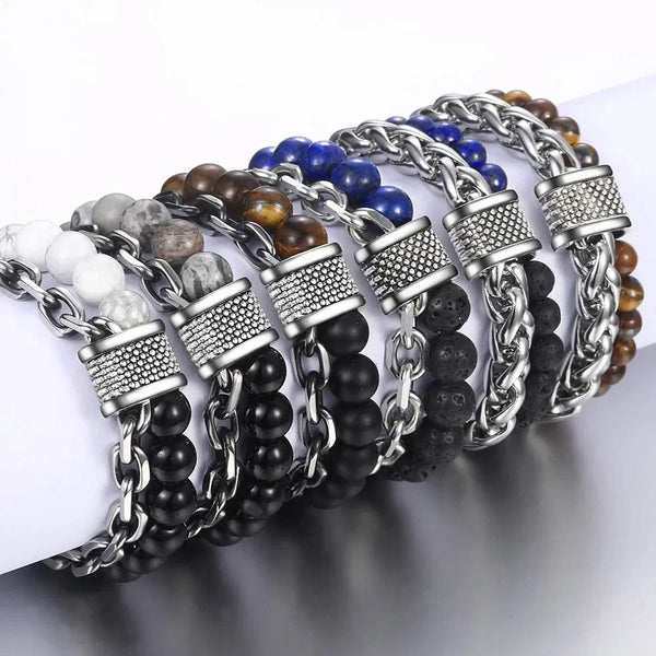 Planet Gates New 2020 Men's Tiger Eye Stone Beaded Bracelet Stainless Steel Gunmetal Link Chain Yoga Bracelet Male Jewelry Dropshipping