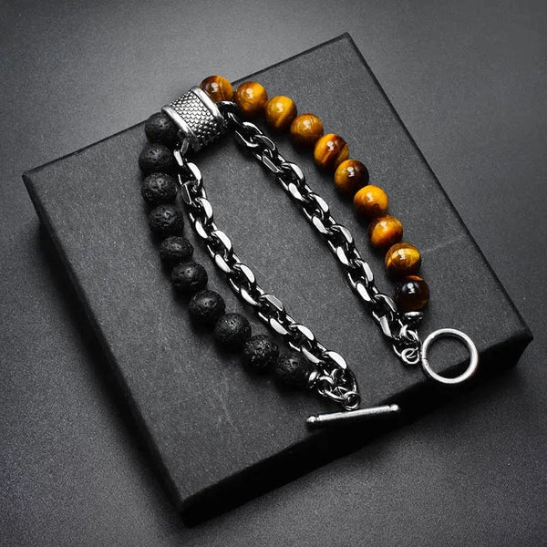 Planet Gates New 2020 Men's Tiger Eye Stone Beaded Bracelet Stainless Steel Gunmetal Link Chain Yoga Bracelet Male Jewelry Dropshipping