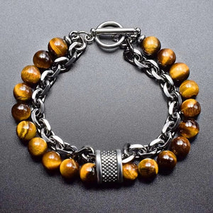 Planet Gates New 2020 Men's Tiger Eye Stone Beaded Bracelet Stainless Steel Gunmetal Link Chain Yoga Bracelet Male Jewelry Dropshipping