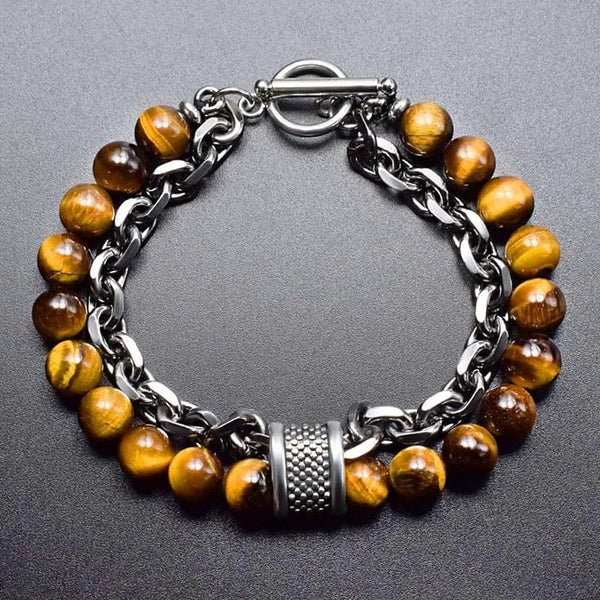 Planet Gates New 2020 Men's Tiger Eye Stone Beaded Bracelet Stainless Steel Gunmetal Link Chain Yoga Bracelet Male Jewelry Dropshipping