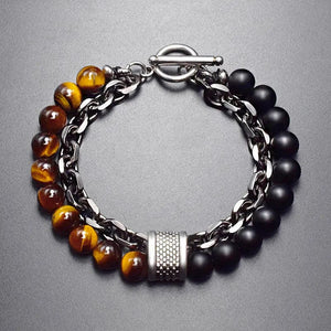 Planet Gates New 2020 Men's Tiger Eye Stone Beaded Bracelet Stainless Steel Gunmetal Link Chain Yoga Bracelet Male Jewelry Dropshipping