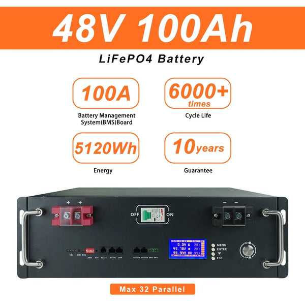 Planet Gates New 48V 100Ah LiFePo4 Battery Pack 51.2V 5kw Lithium Iron Phosphate Batteries 16S 100A Built-in BMS 48V 50AH 200AH Pack No Tax