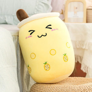 Planet Gates New Arrival Cartoon Fruit Bubble Tea Cup Plush Toys Real Life Boba Food With Suction Pillow Stuffed Soft Hug Cushion Decor