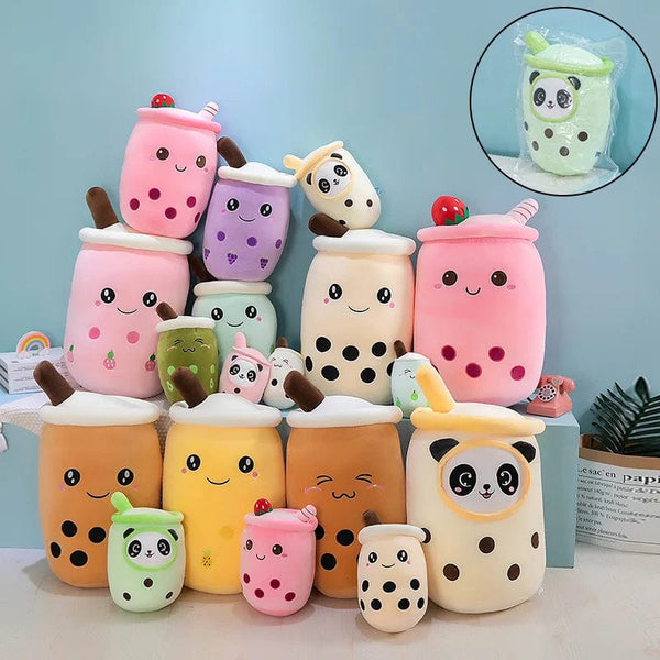 Planet Gates New Arrival Cartoon Fruit Bubble Tea Cup Plush Toys Real Life Boba Food With Suction Pillow Stuffed Soft Hug Cushion Decor