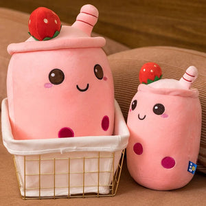 Planet Gates New Arrival Cartoon Fruit Bubble Tea Cup Plush Toys Real Life Boba Food With Suction Pillow Stuffed Soft Hug Cushion Decor