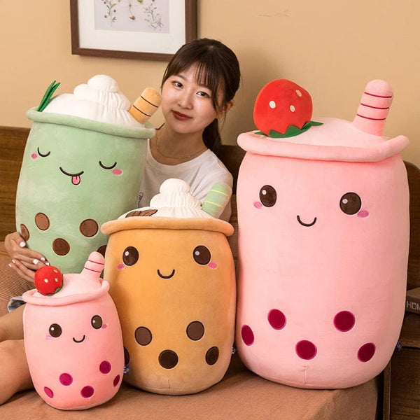 Planet Gates New Arrival Cartoon Fruit Bubble Tea Cup Plush Toys Real Life Boba Food With Suction Pillow Stuffed Soft Hug Cushion Decor