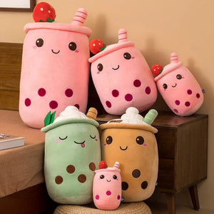 Planet Gates New Arrival Cartoon Fruit Bubble Tea Cup Plush Toys Real Life Boba Food With Suction Pillow Stuffed Soft Hug Cushion Decor