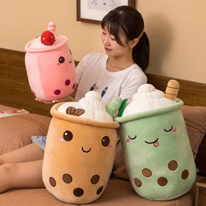 Planet Gates New Arrival Cartoon Fruit Bubble Tea Cup Plush Toys Real Life Boba Food With Suction Pillow Stuffed Soft Hug Cushion Decor