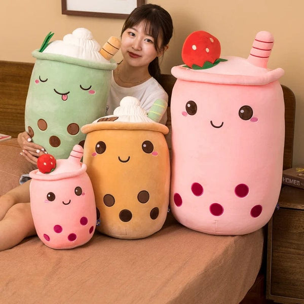 Planet Gates New Arrival Cartoon Fruit Bubble Tea Cup Plush Toys Real Life Boba Food With Suction Pillow Stuffed Soft Hug Cushion Decor