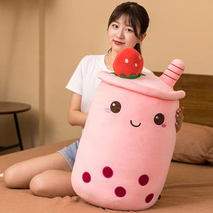 Planet Gates New Arrival Cartoon Fruit Bubble Tea Cup Plush Toys Real Life Boba Food With Suction Pillow Stuffed Soft Hug Cushion Decor