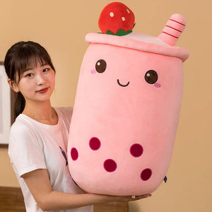 Planet Gates New Arrival Cartoon Fruit Bubble Tea Cup Plush Toys Real Life Boba Food With Suction Pillow Stuffed Soft Hug Cushion Decor