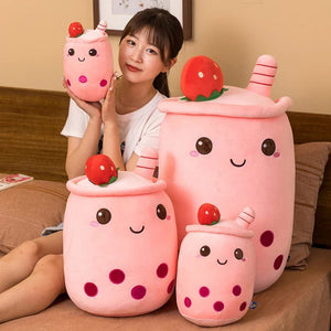Planet Gates New Arrival Cartoon Fruit Bubble Tea Cup Plush Toys Real Life Boba Food With Suction Pillow Stuffed Soft Hug Cushion Decor