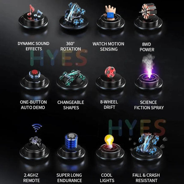 Planet Gates New Eight Wheels RC Car Toys 2.4G Trendy Spray Twisting Flips Watch Remote Control Drift Stunt Car Toy Gifts For Children Adults