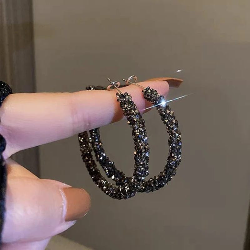 Planet Gates New Fashion Simple Trend Round Black Rhinestone Hoop Earrings Geometric Earrings Women Elegant Exquisite Jewelry Gifts Wholesale