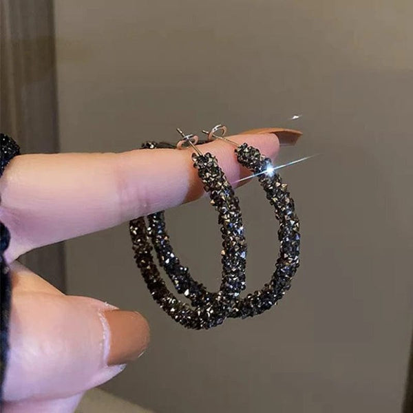 Planet Gates New Fashion Simple Trend Round Black Rhinestone Hoop Earrings Geometric Earrings Women Elegant Exquisite Jewelry Gifts Wholesale