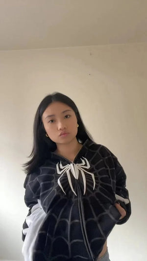 Planet Gates New Gothic Dark Spider Print Hooded Cardigan Women's Zip Loose Jacket Tops Woman