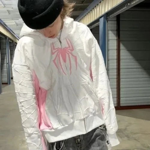 Planet Gates New Gothic Dark Spider Print Hooded Cardigan Women's Zip Loose Jacket Tops Woman