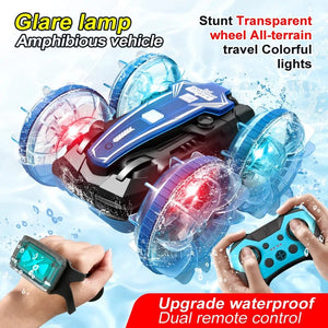 Planet Gates New LED Amphibious RC car Dual remote control waterproof stunt car double side flip drift drive 360 ° rotation rc cars Kids toy