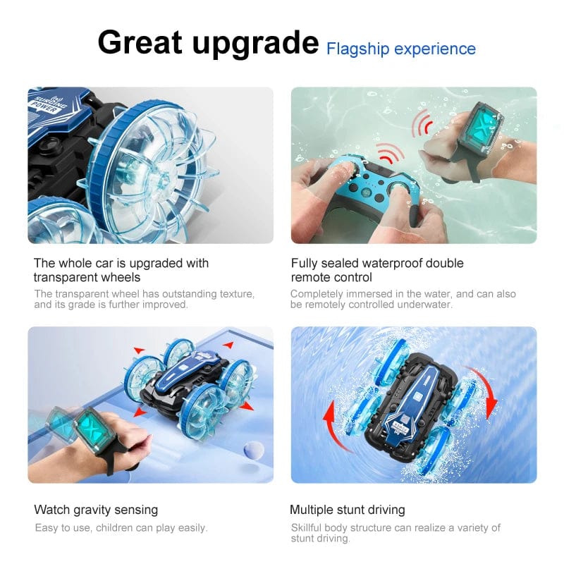 Planet Gates New LED Amphibious RC car Dual remote control waterproof stunt car double side flip drift drive 360 ° rotation rc cars Kids toy