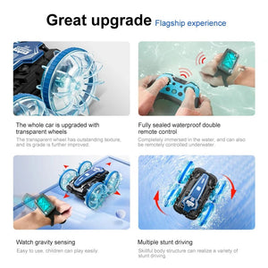 Planet Gates New LED Amphibious RC car Dual remote control waterproof stunt car double side flip drift drive 360 ° rotation rc cars Kids toy
