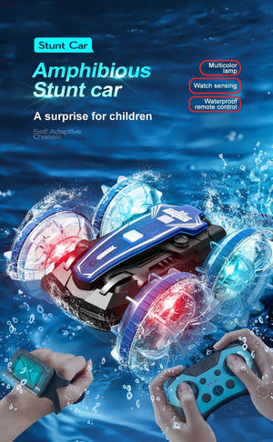 Planet Gates New LED Amphibious RC car Dual remote control waterproof stunt car double side flip drift drive 360 ° rotation rc cars Kids toy