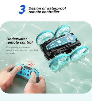Planet Gates New LED Amphibious RC car Dual remote control waterproof stunt car double side flip drift drive 360 ° rotation rc cars Kids toy